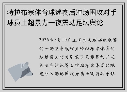 特拉布宗体育球迷赛后冲场围攻对手球员土超暴力一夜震动足坛舆论 特拉布宗体育球迷赛后冲场围攻对手球员土超暴力一夜震动足坛舆论